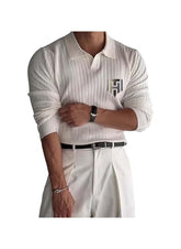 Huitich long sleeve polo shirt for men UAE in white ribbed fabric with logo on chest